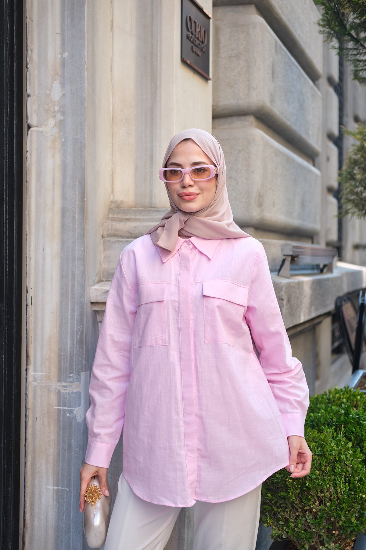 Çift Cep Detay Gizli Düğmeli Kendinden Desenli Keten Gömlek Pembe