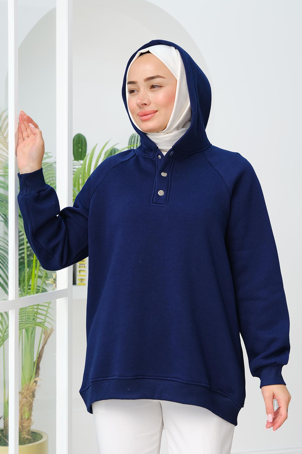 Çıt Çıt Detay Kapüşonlu Sweat Lacivert