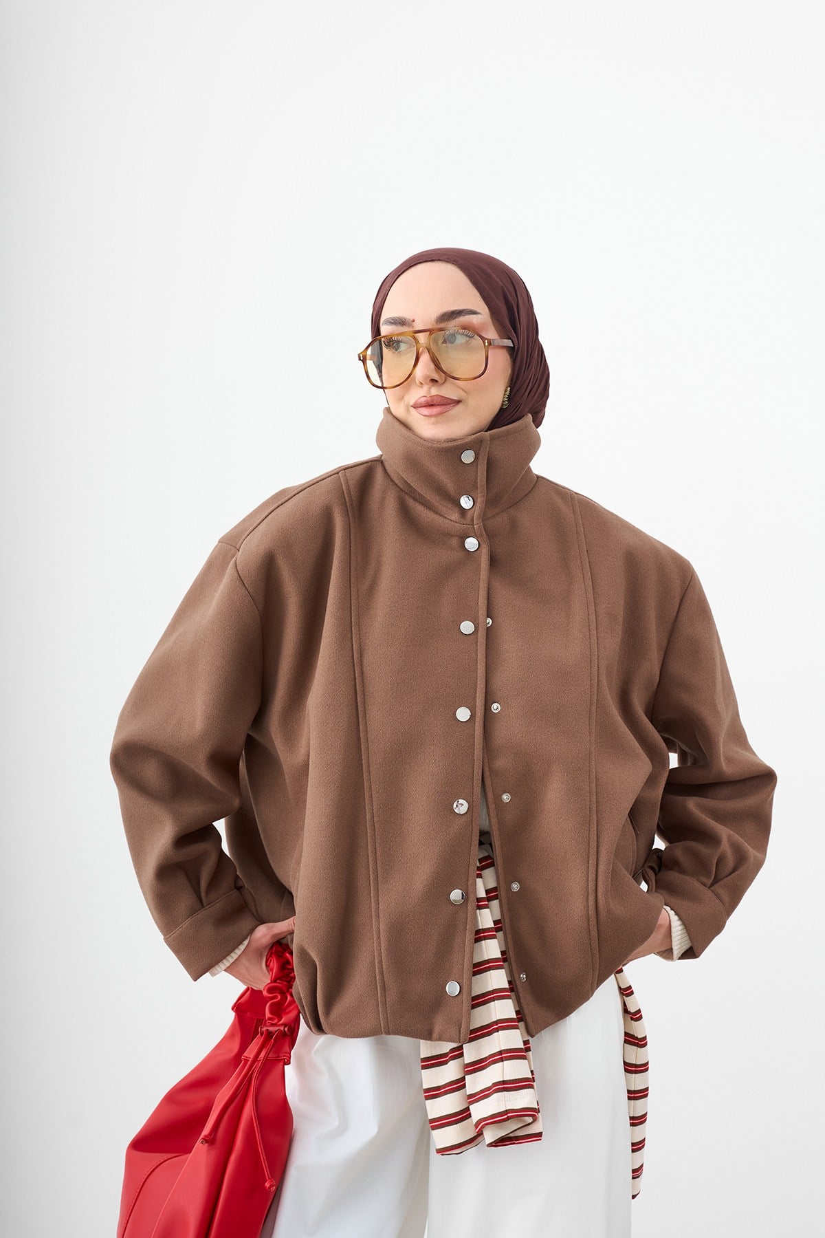 Çıtçıtlı Çift Cepli Astarlı Ceket Vizon