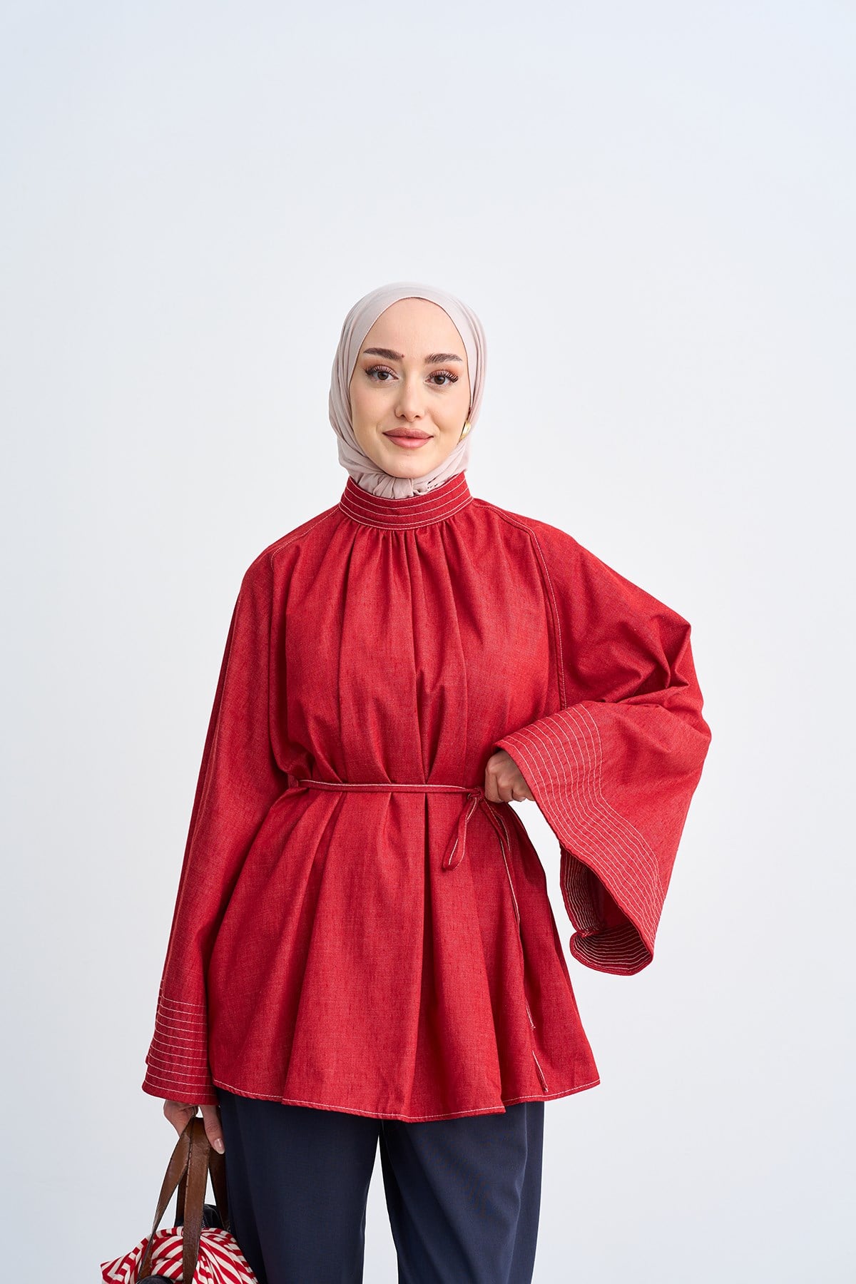 Dikiş Detaylı Bel Bağlamalı İnce Kot Bluz Kırmızı