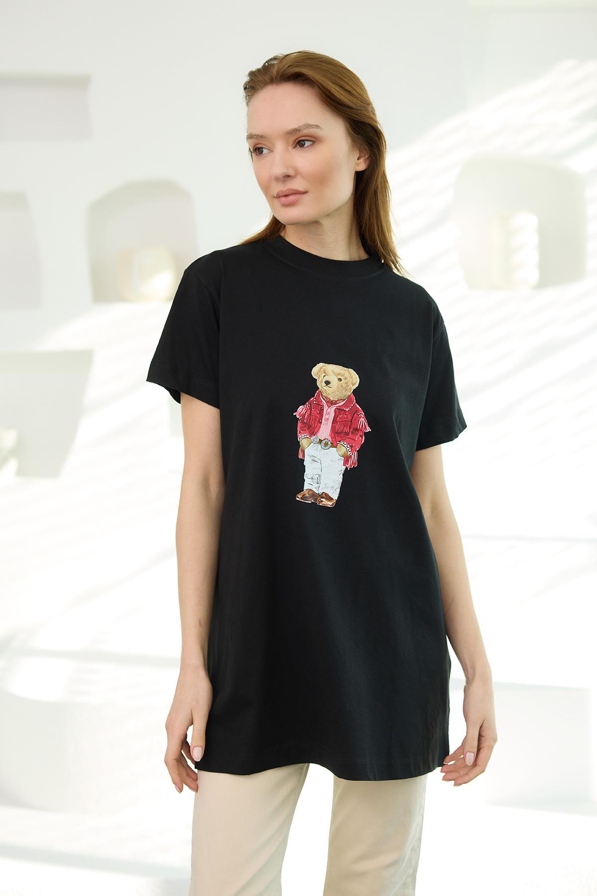 Erkek Ayıcık Baskılı Basic Kısa Kollu İçlik Siyah