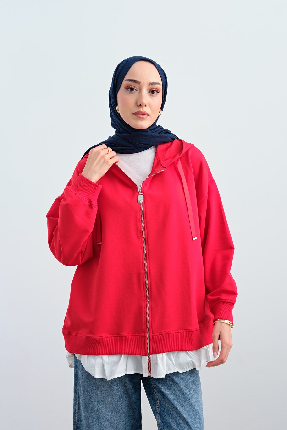 Etek Ve Fırfır Detay Çift Renk Sweatshirt Kırmızı