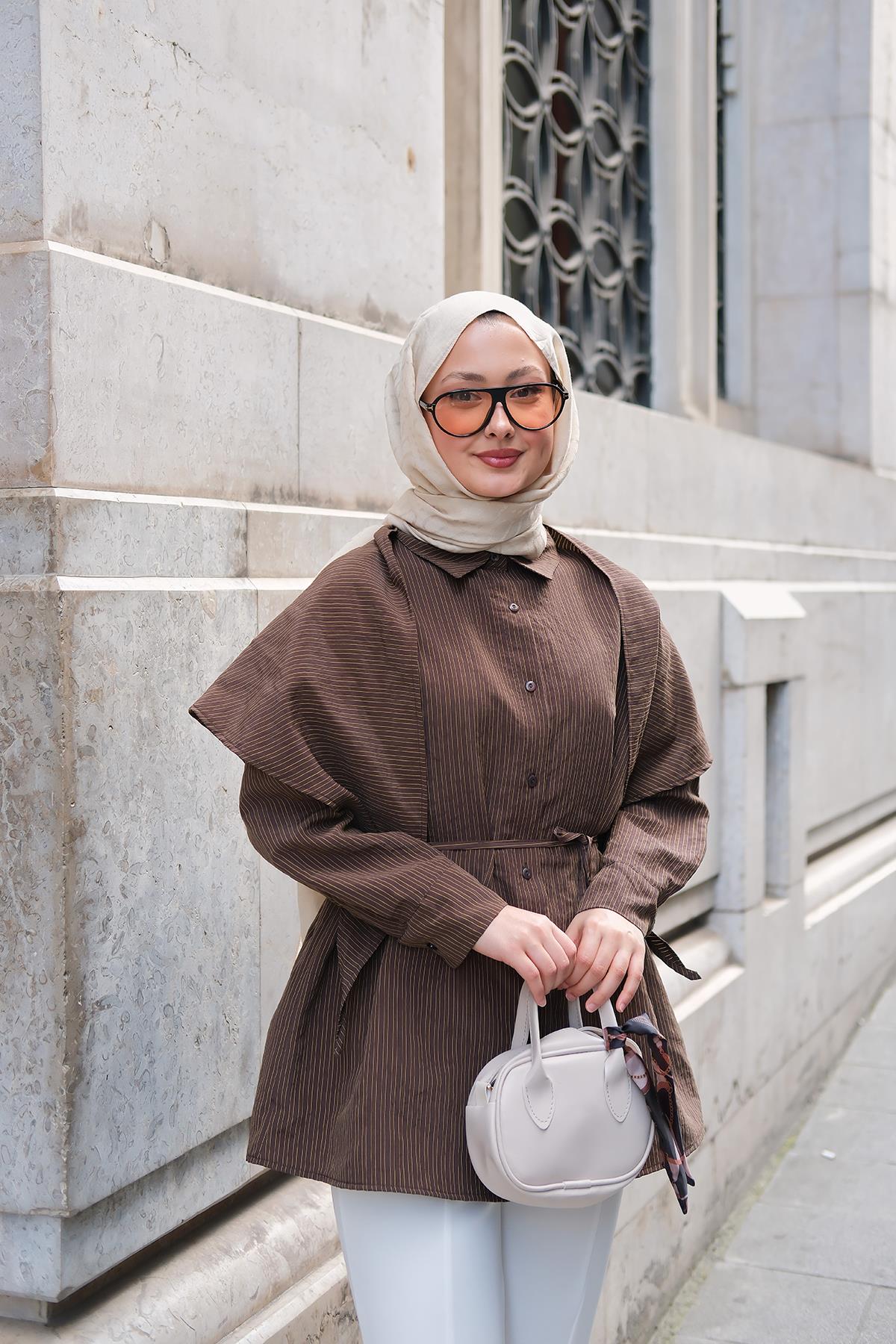 İnce Çizgili Bel Bağlamalı Gömlek Kahverengi