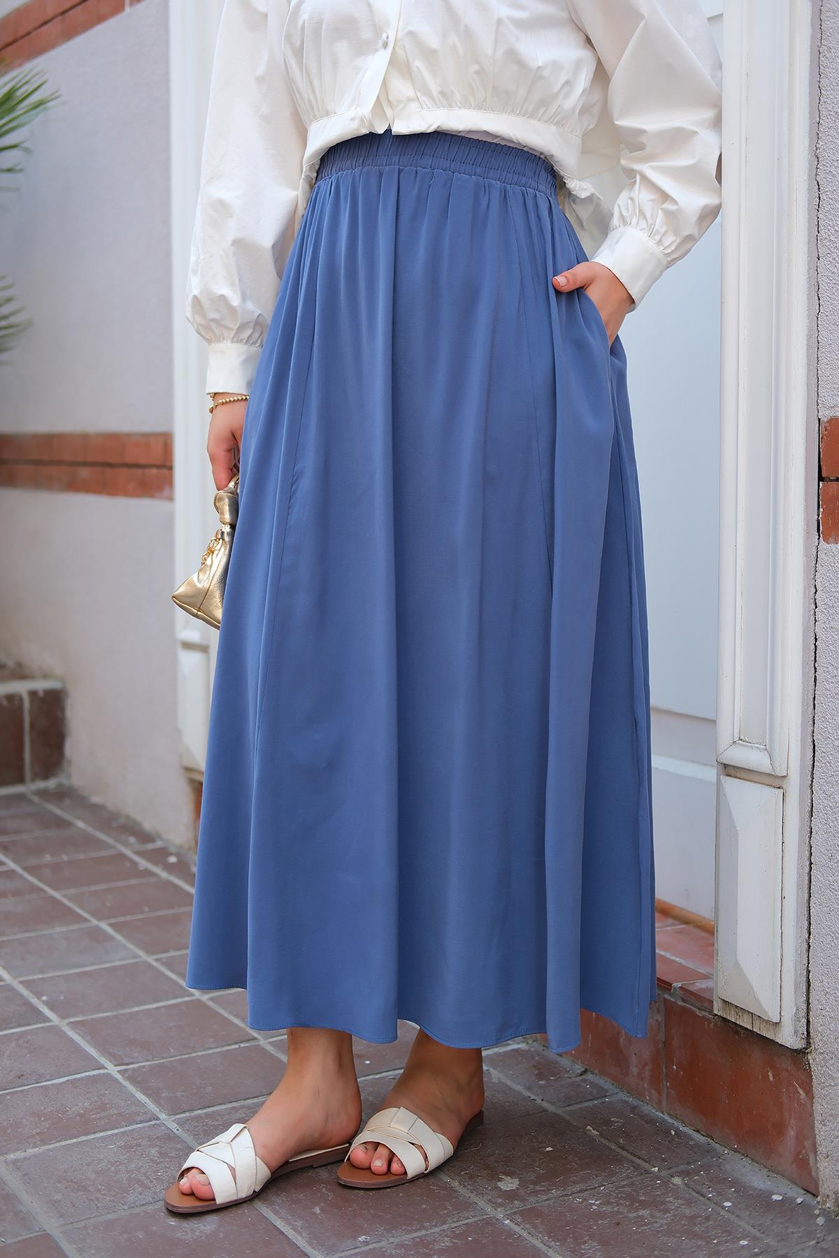 Kırışık  Kloş Etek İndigo Mavi