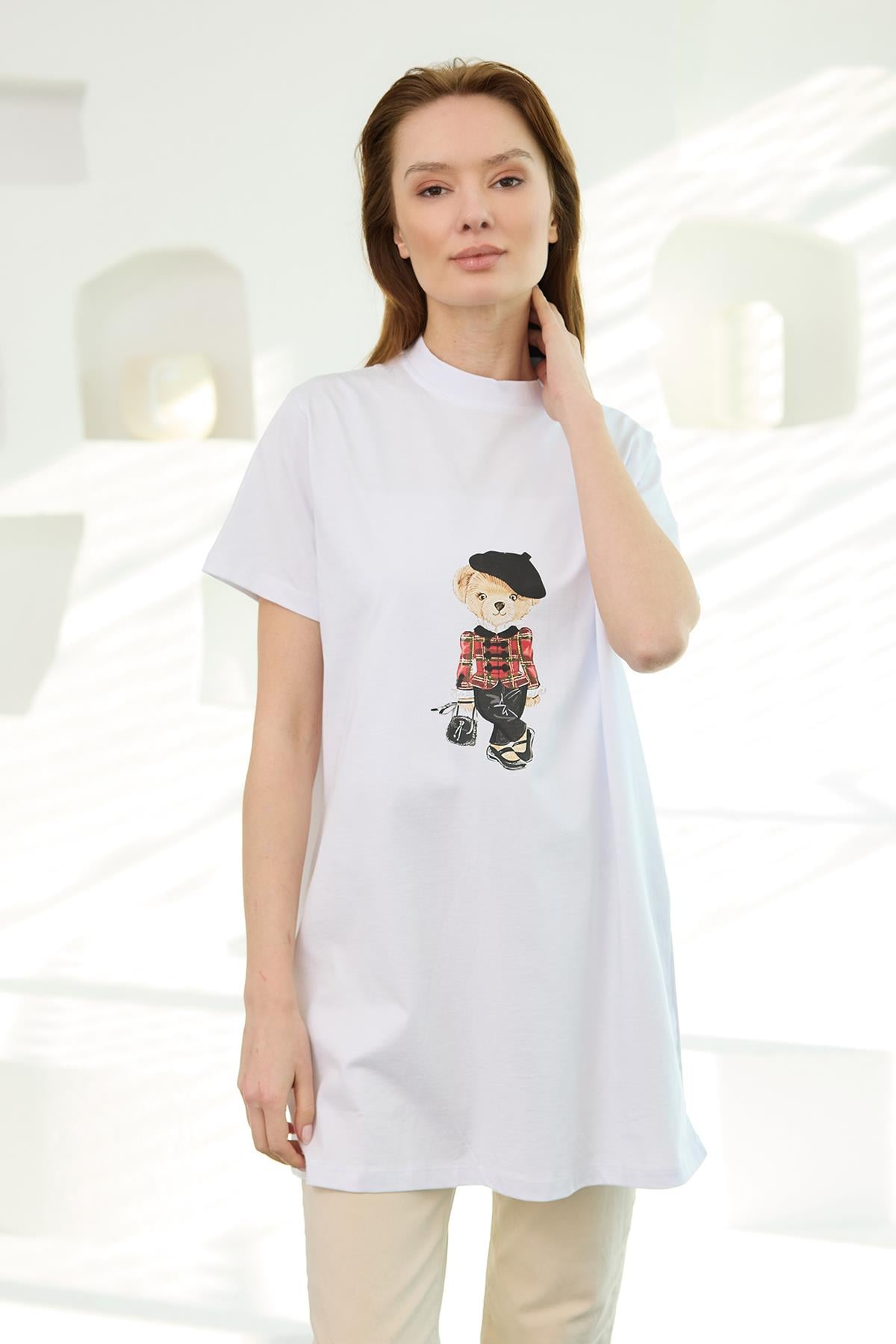 Kız Ayıcık Baskılı Basic Kısa Kollu İçlik Beyaz