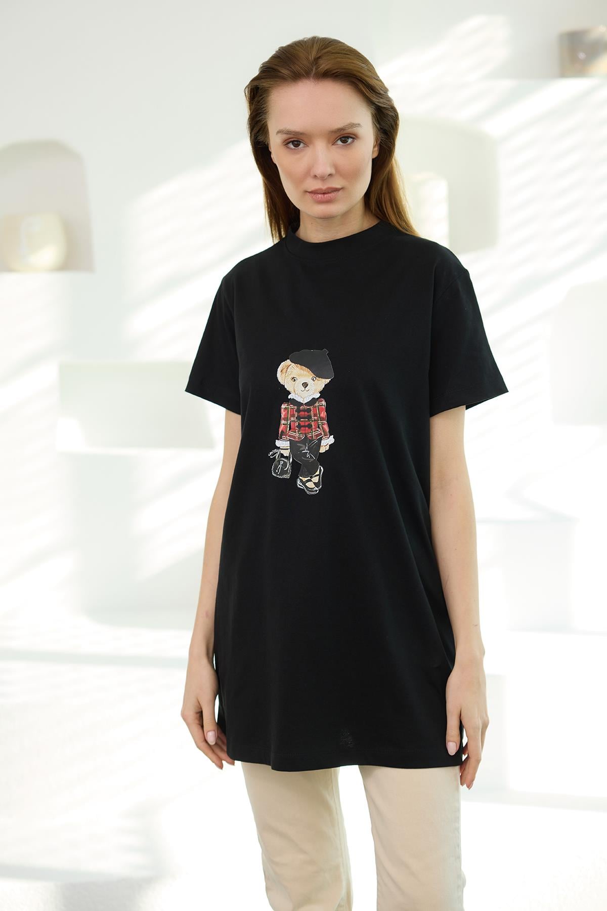 Kız Ayıcık Baskılı Basic Kısa Kollu İçlik Siyah