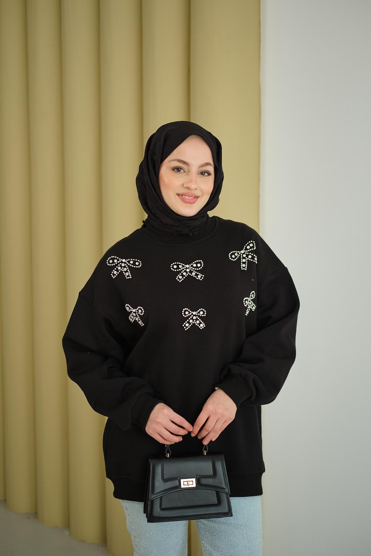 Kurdelesi Taş Detay Sweat Siyah