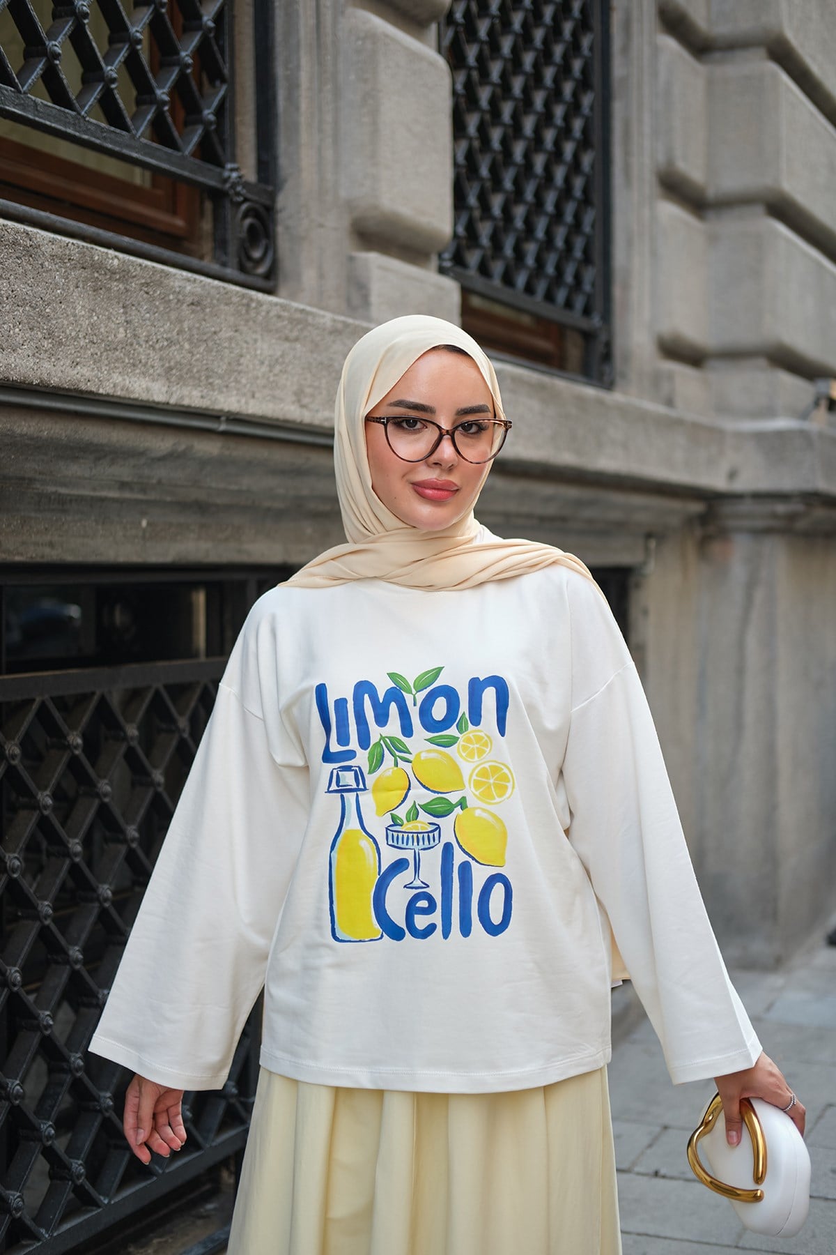 Limon Desen Uzun Kollu Body Ekru