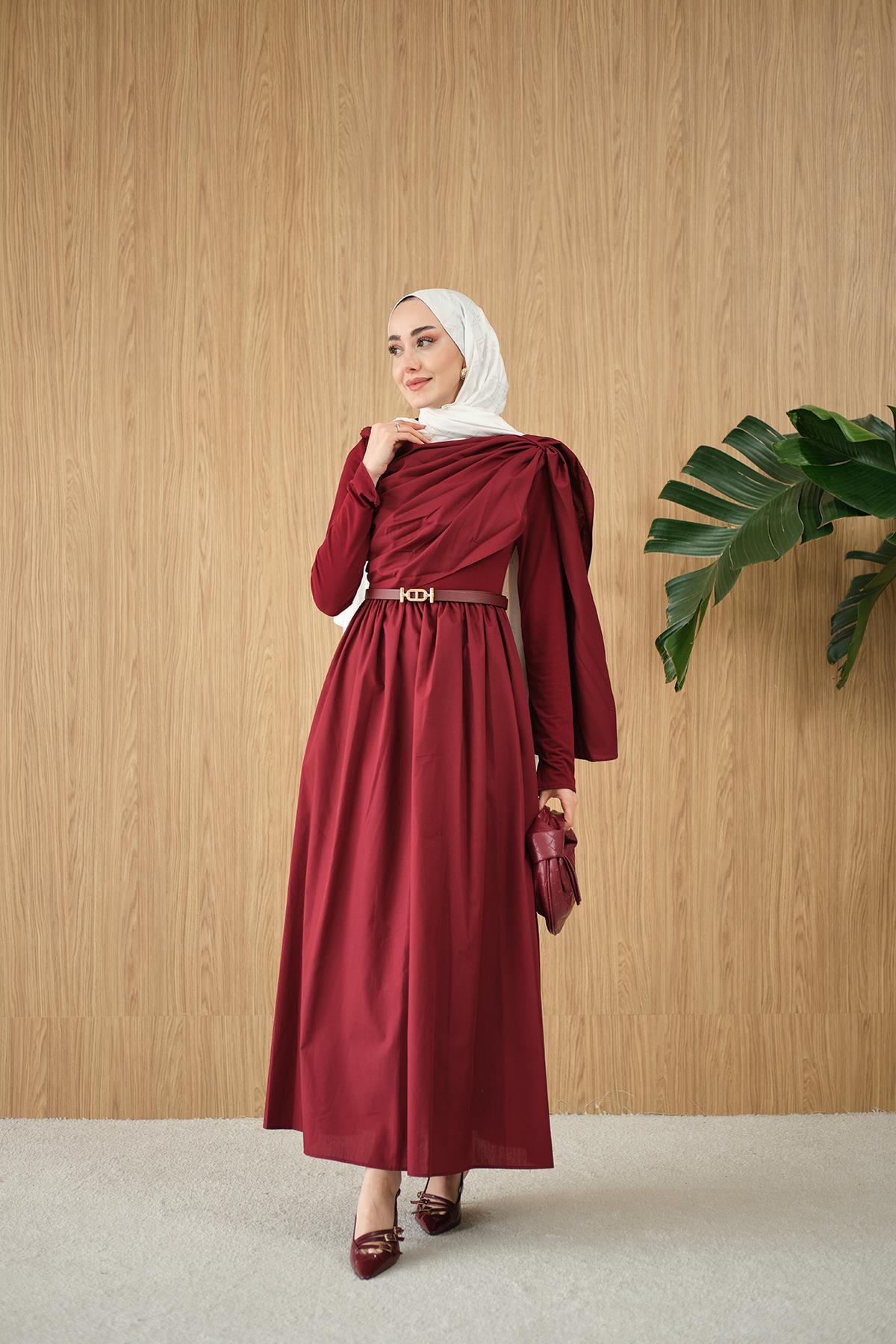 Şal Detaylı Kemerli Poplin Elbise Bordo