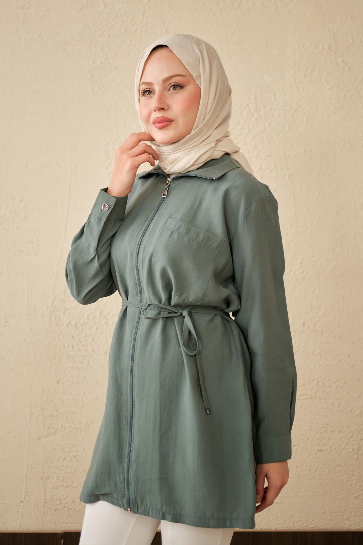 Tek Cepli Bel Bağlamalı Fermuarlı Hırka Mint Yeşil