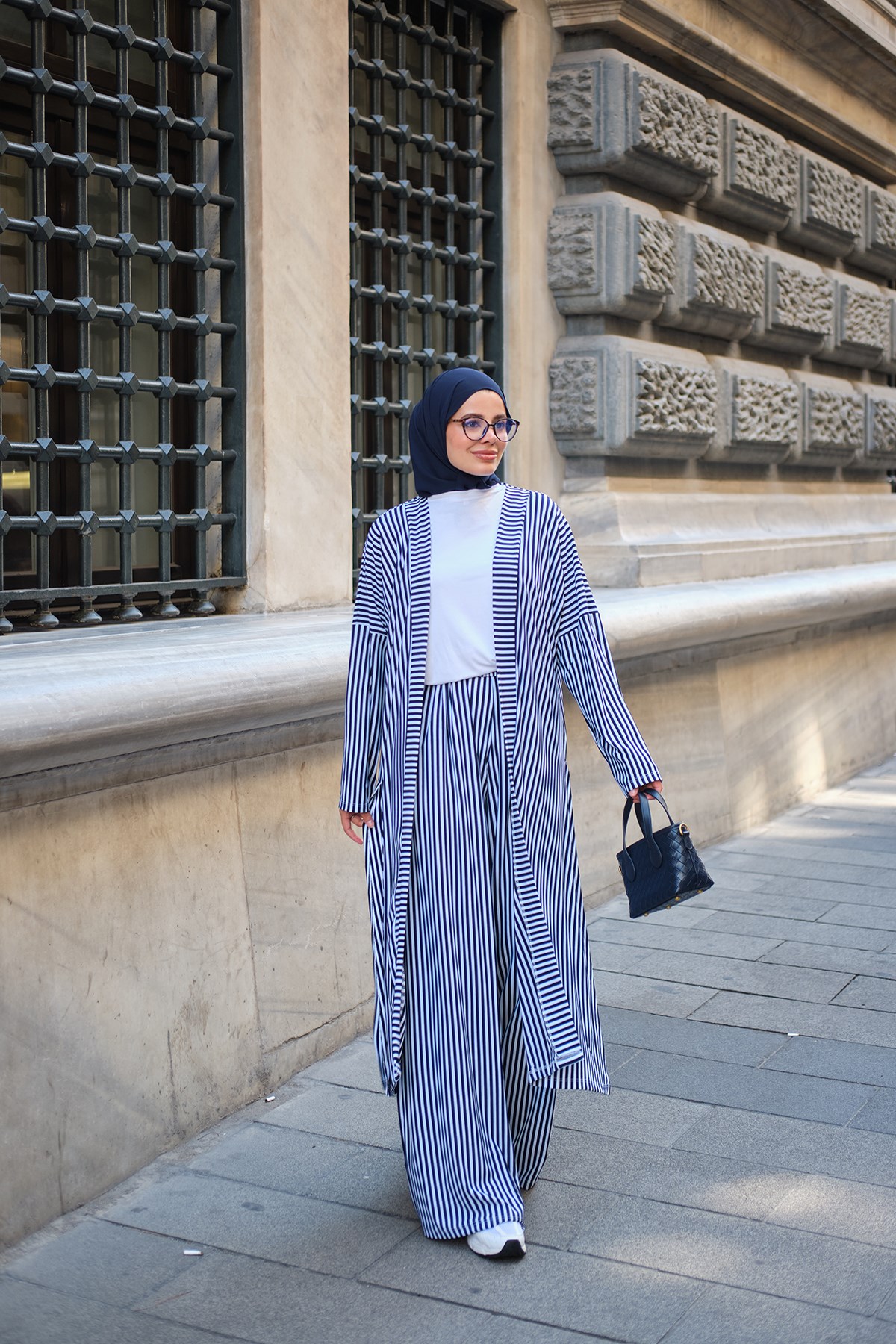 Üç Parça Çizgili Kimono Takım Lacivert