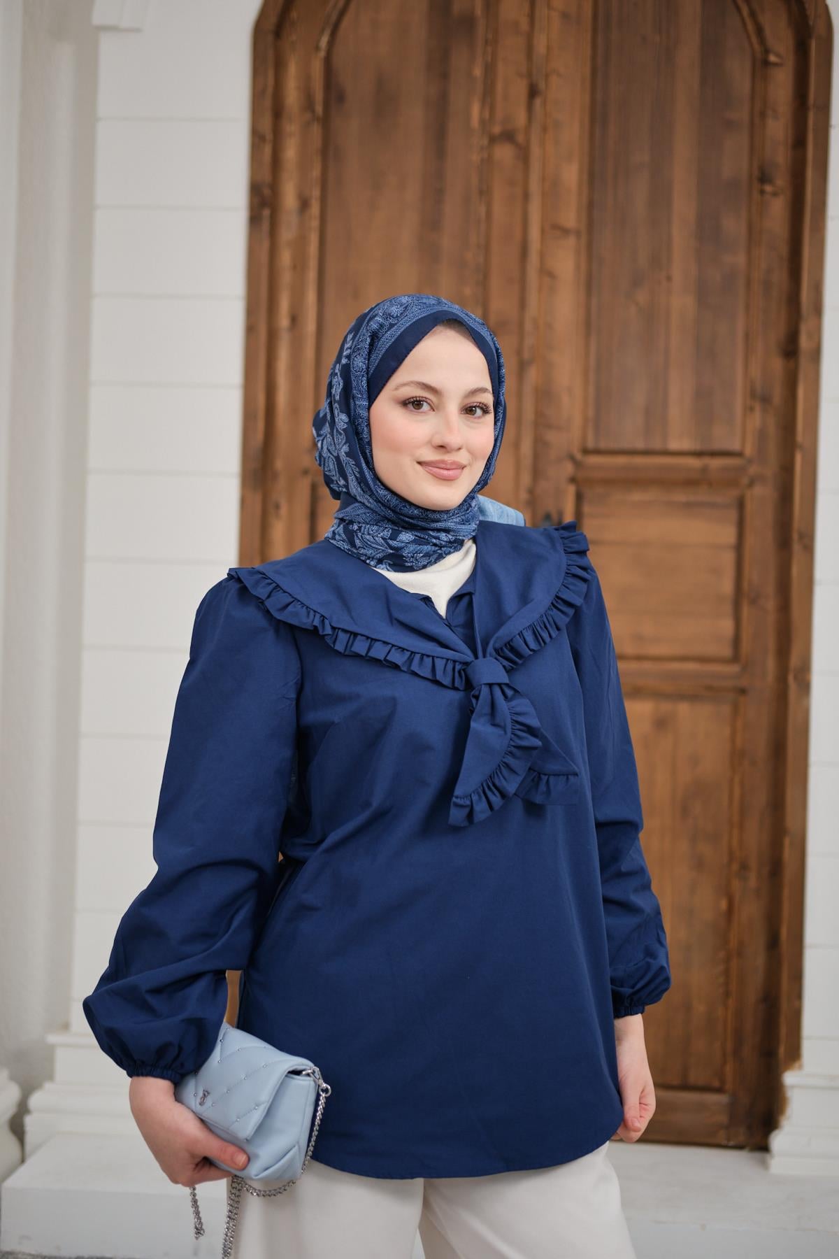 Yakası Fırfırlı Basic Gömlek Lacivert