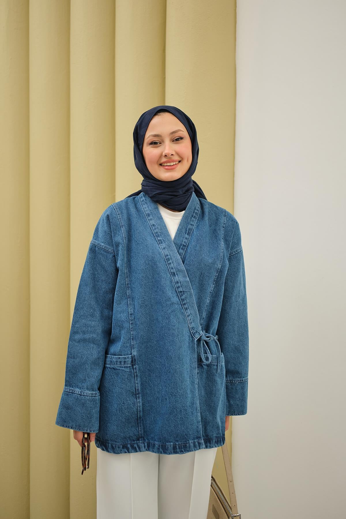 Yandan Bağlamalı Kot Kimono Buz Mavi