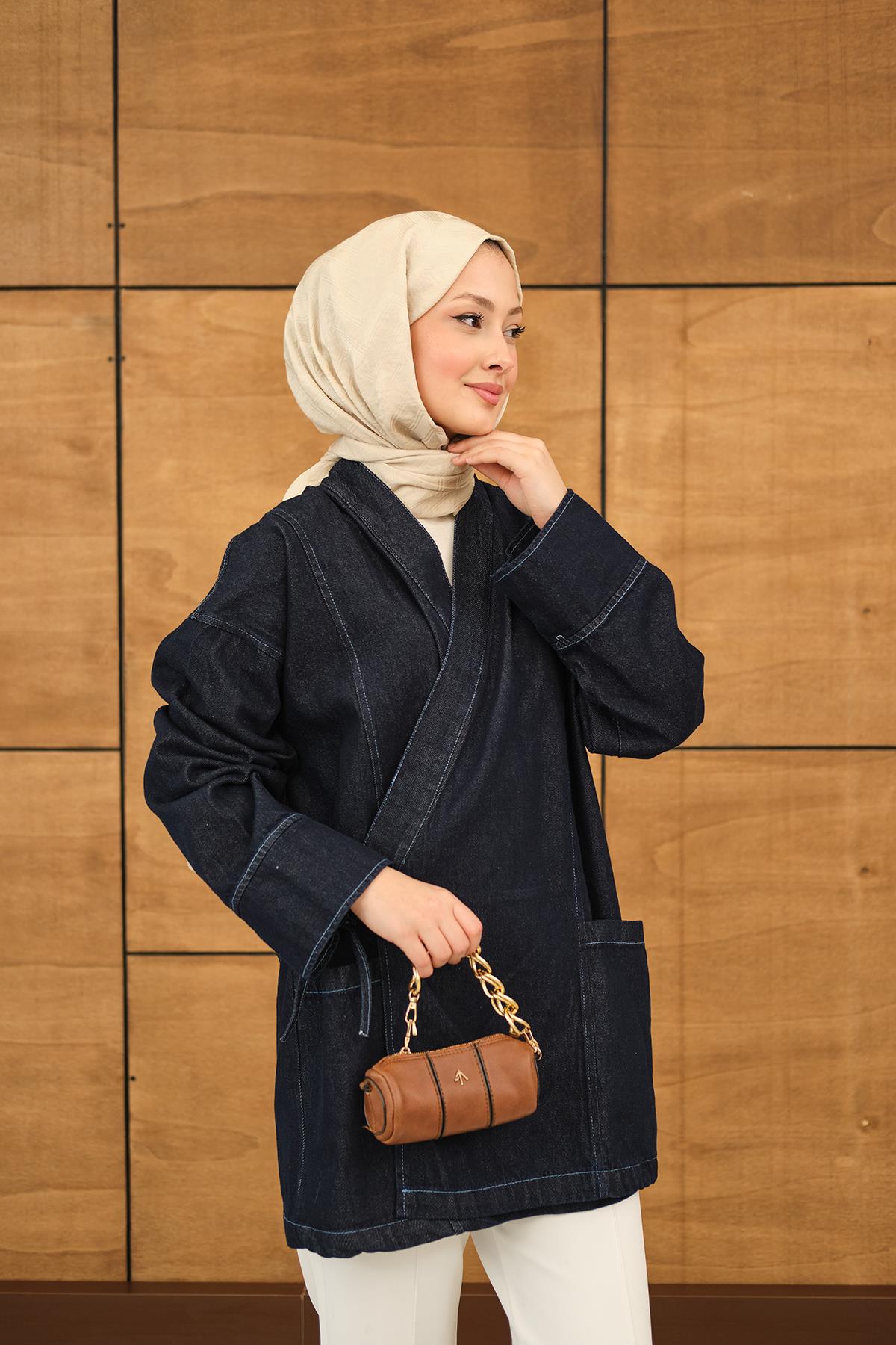 Yandan Bağlamalı Kot Kimono Lacivert
