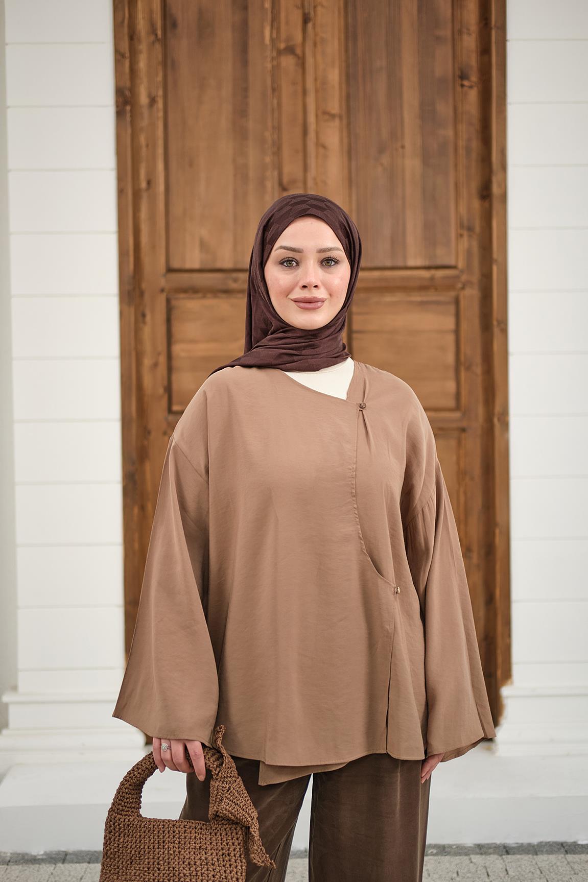 Yandan Düğmeli İçten Bağlama Detay Kimono Vizon