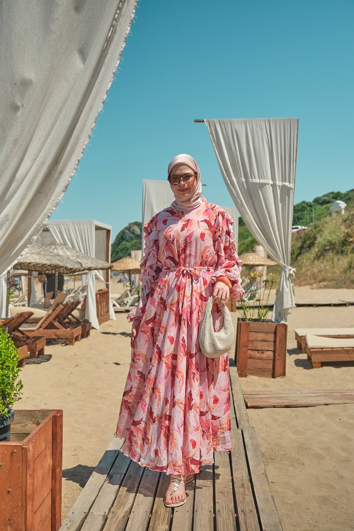 Yaprak Desen İçi Astarlı Bel Bağlamalı Tül Elbise Pembe