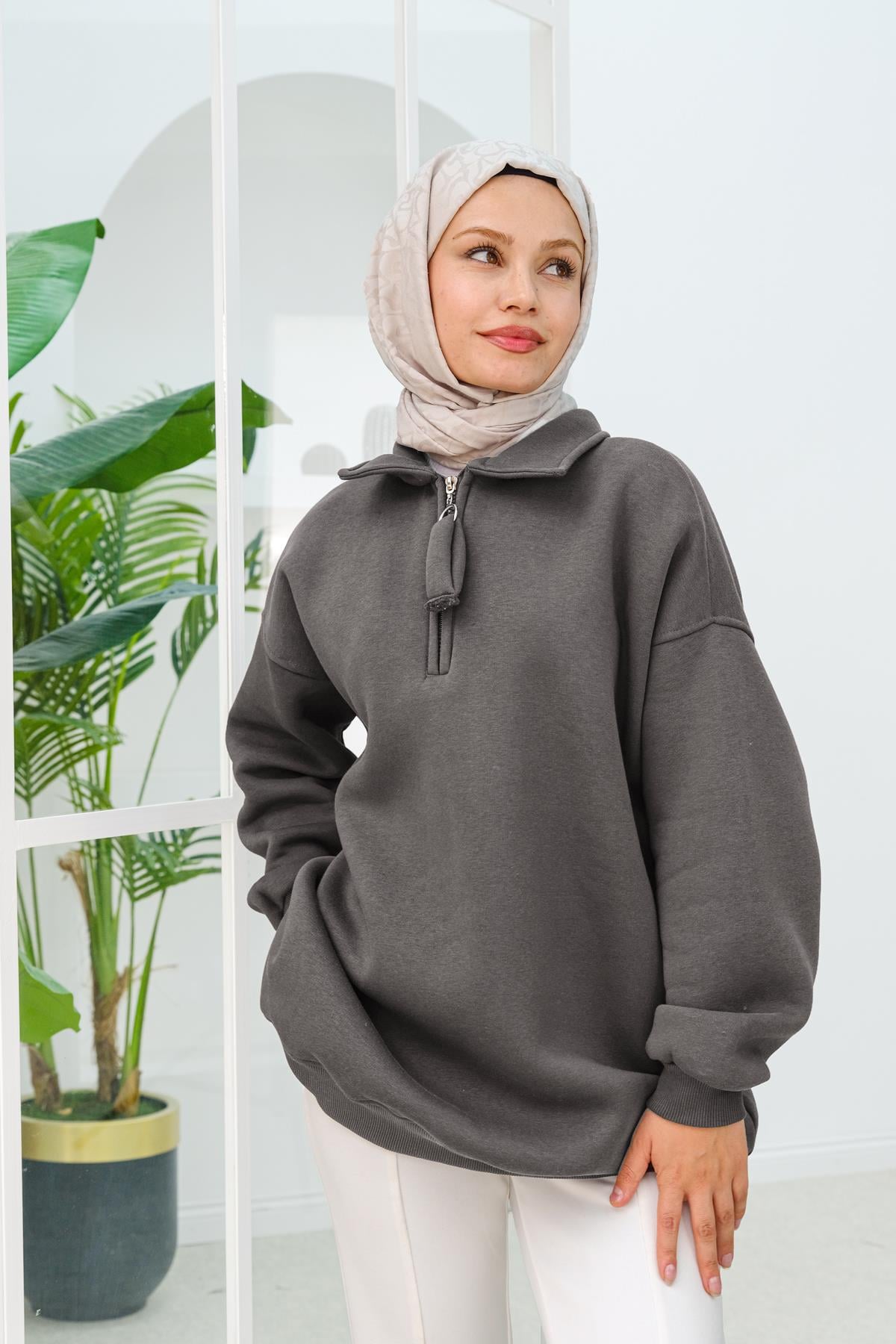 Yarım Fermuar Detay Sweat Füme