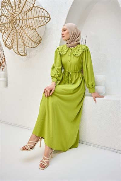BEBE YAKA DANTEL DETAYLI ELBISE  Yeşil
