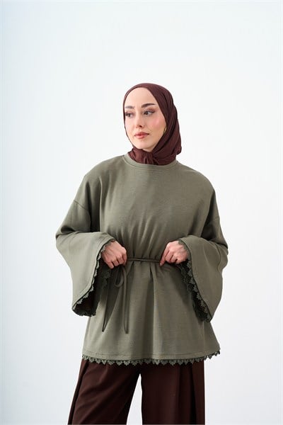 Bel Bağlamalı Dantel Detay Tunik Haki Yeşil