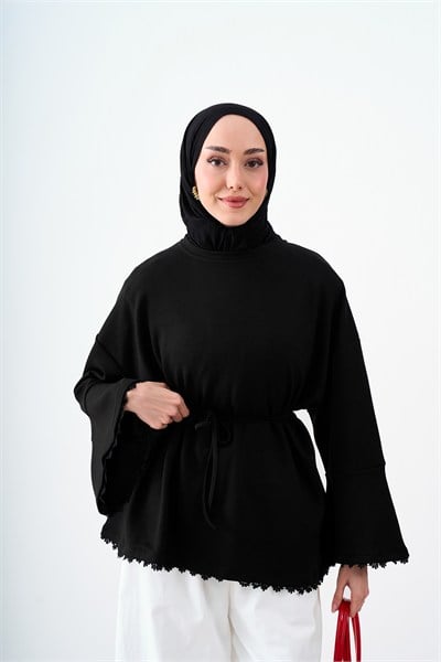 Bel Bağlamalı Dantel Detay Tunik Siyah