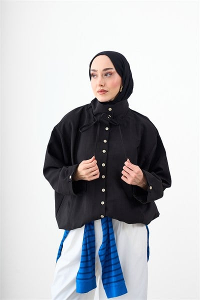 Beli Ayarlanabilir Çift Cepli Gömlek Yaka Ceket Siyah