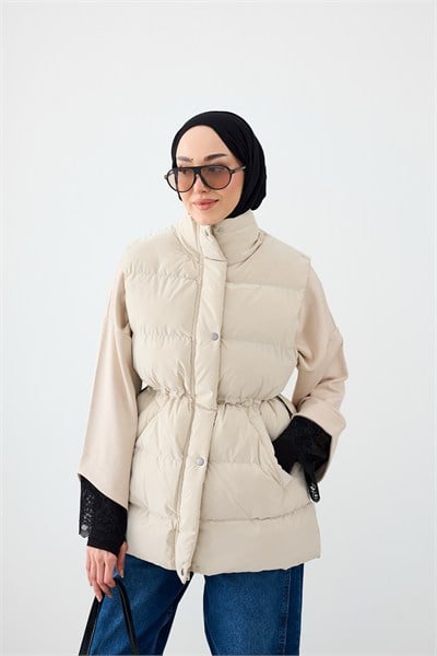 Beli Ayarlanabilir Çıtçıtlı Süet Yelek Bej
