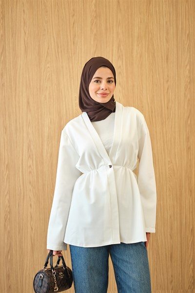 Beli Lastikli Düğme Detay Kimono Beyaz