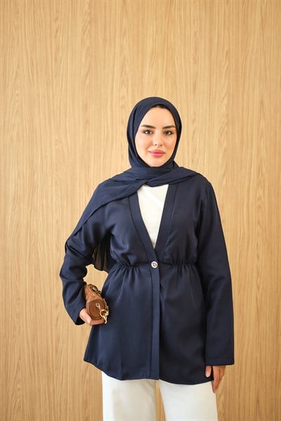 Beli Lastikli Düğme Detay Kimono Lacivert