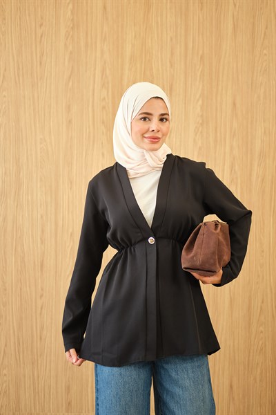 Beli Lastikli Düğme Detay Kimono Siyah