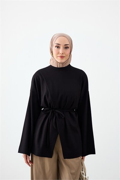 Çarpraz Dikişli Bisiklet Yaka Uzun Kollu Tişört Siyah