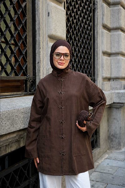 Çift Cepli Kelebek Düğmeli Hırka Kahverengi
