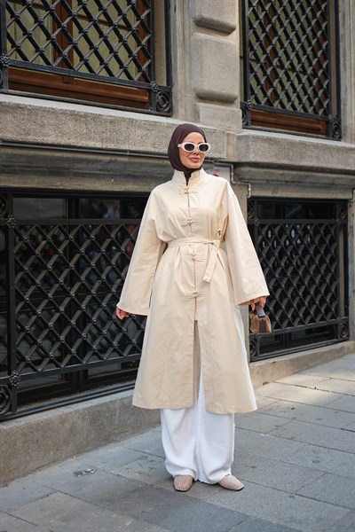 Cin Düğme Detaylı Bel Bağlamalı Kimono Krem