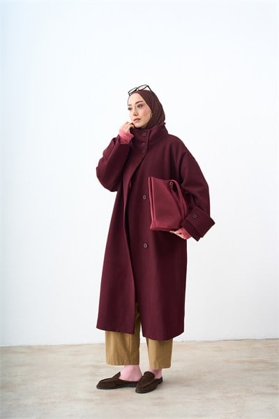 Dik Yaka Kol Düğme Detay İç Astarlı Oversize Kaşe Kaban Bordo