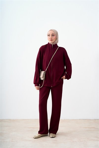 Dikiş Detay Pantolonlu Ceketli Takım Bordo