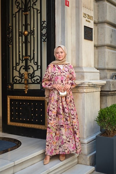 Düğmeli Çiçek Desen Viskon Elbise Pembe