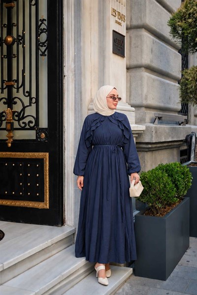 Fırfırlı Tensel Elbise Lacivert