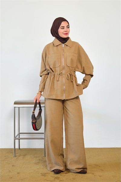 Gömlek Yaka Bel Büzgülü Pantolonlu Takım Camel