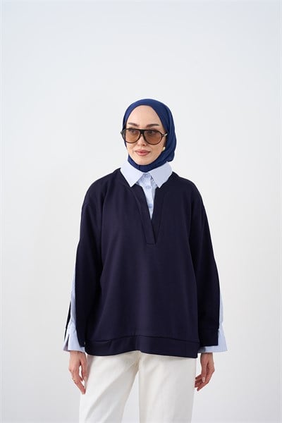 Gömlek Yaka Çizgi Detay Sweatshirt Lacivert