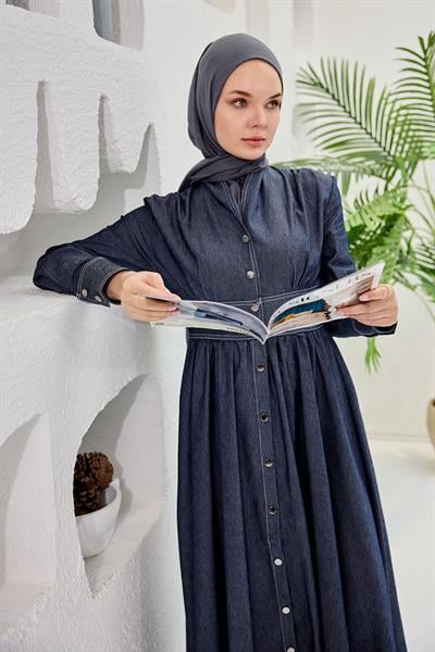 Kendinden Kemerli Kot Elbise  Mavi