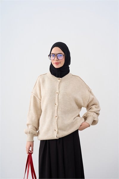 Önü Düğmeli Oversize Triko Hırka Taş