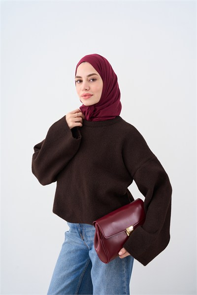 Oversize Düşük Kol Triko Kazak Acı Kahve