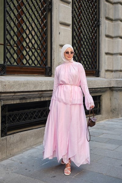 Pile Detay İç Astarlı Tül Takım Pembe