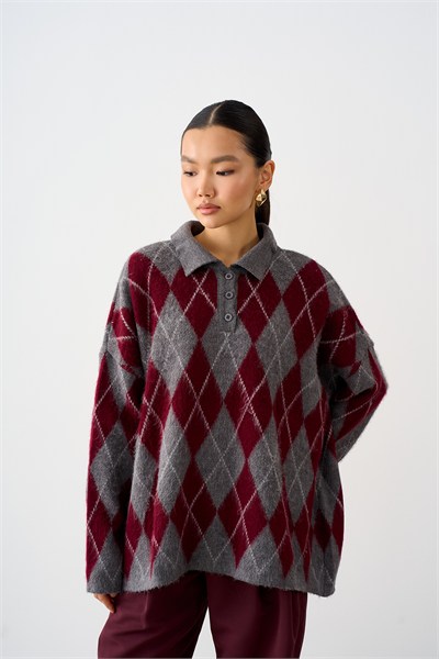 Polo Yaka Baklava Desen Oversize Triko Kazak Gri