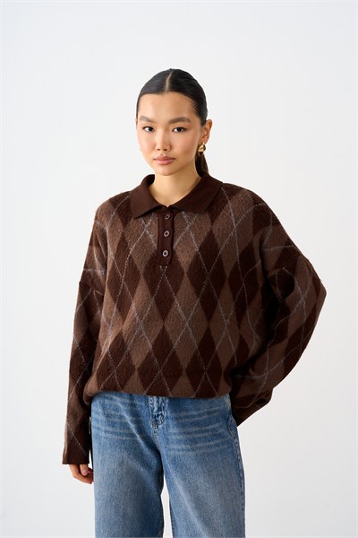 Polo Yaka Baklava Desen Oversize Triko Kazak Kahverengi