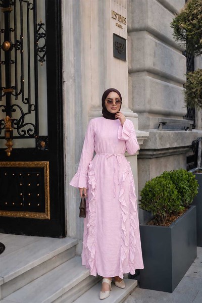 Tül Model Yanları Fırfırlı Elbise Pembe
