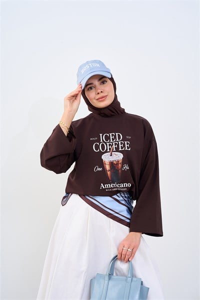 Yazı Baskılı Uzun Kol Body Kahverengi