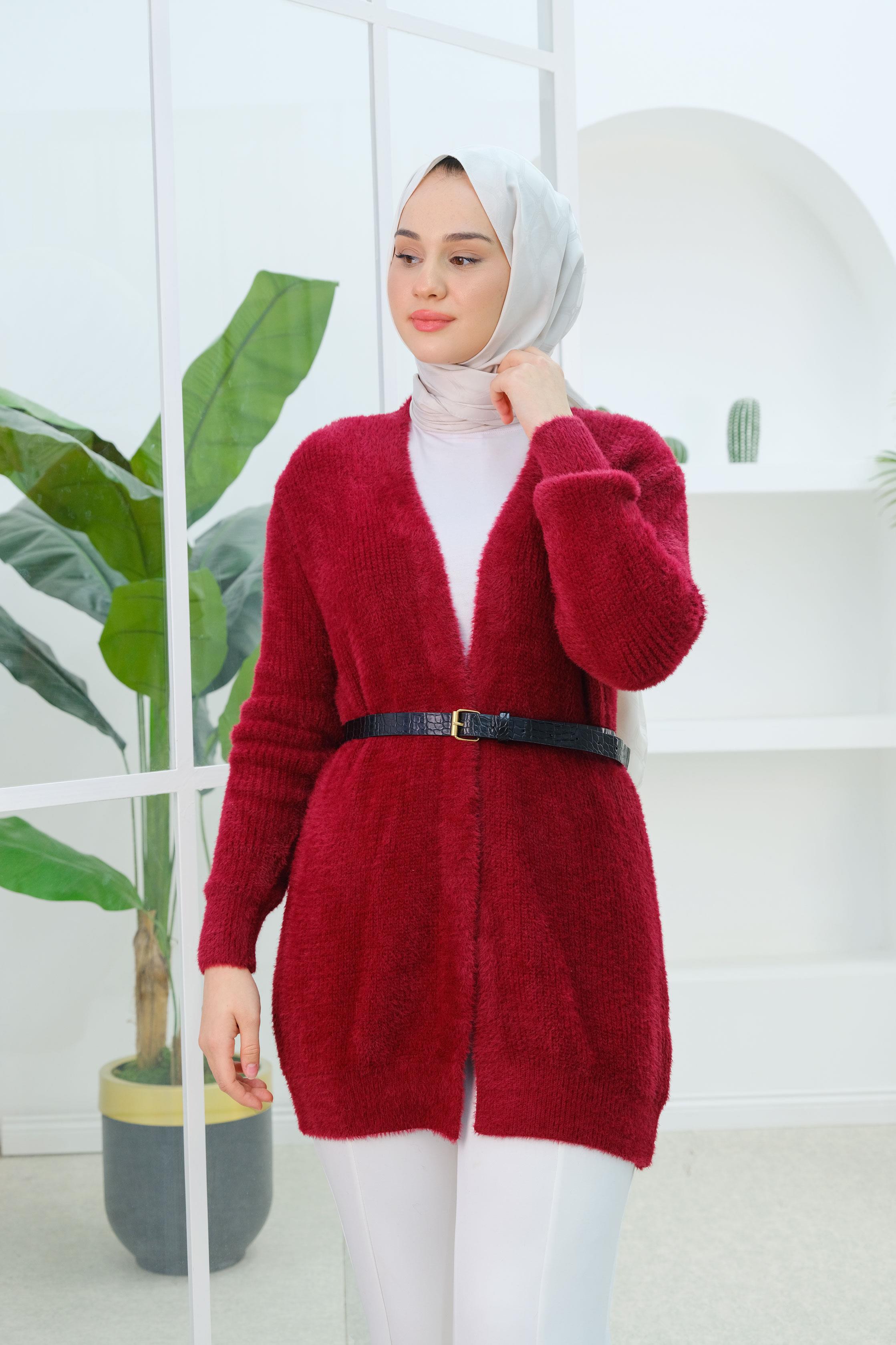 Angora Selanik Örgülü Hırka Bordo