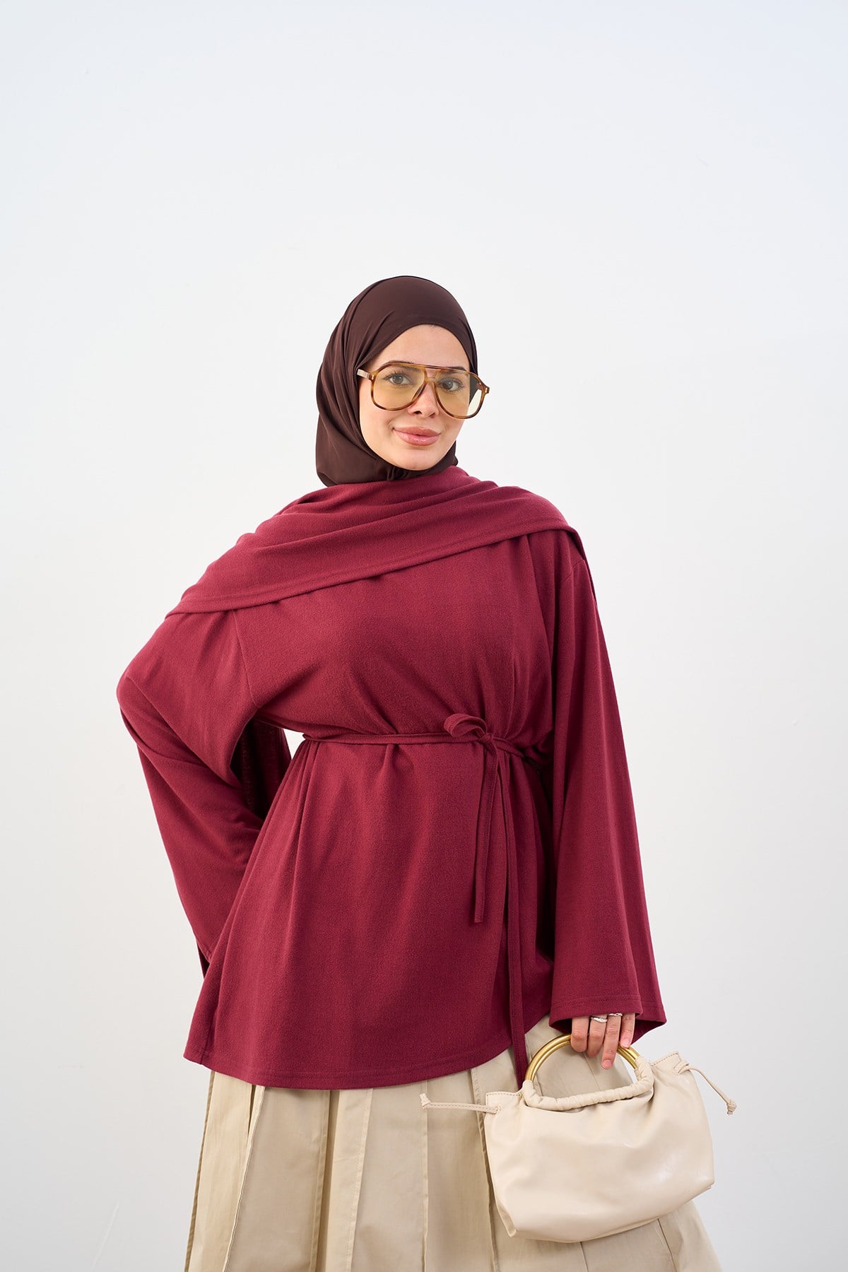 Asimetrik Kesim Şal Detay Bel Bağlamalı Tunik Bordo
