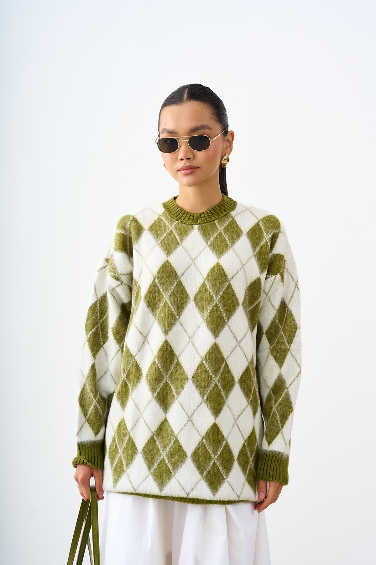 Baklava Desen Oversize Triko Tunik Fıstık Yeşil