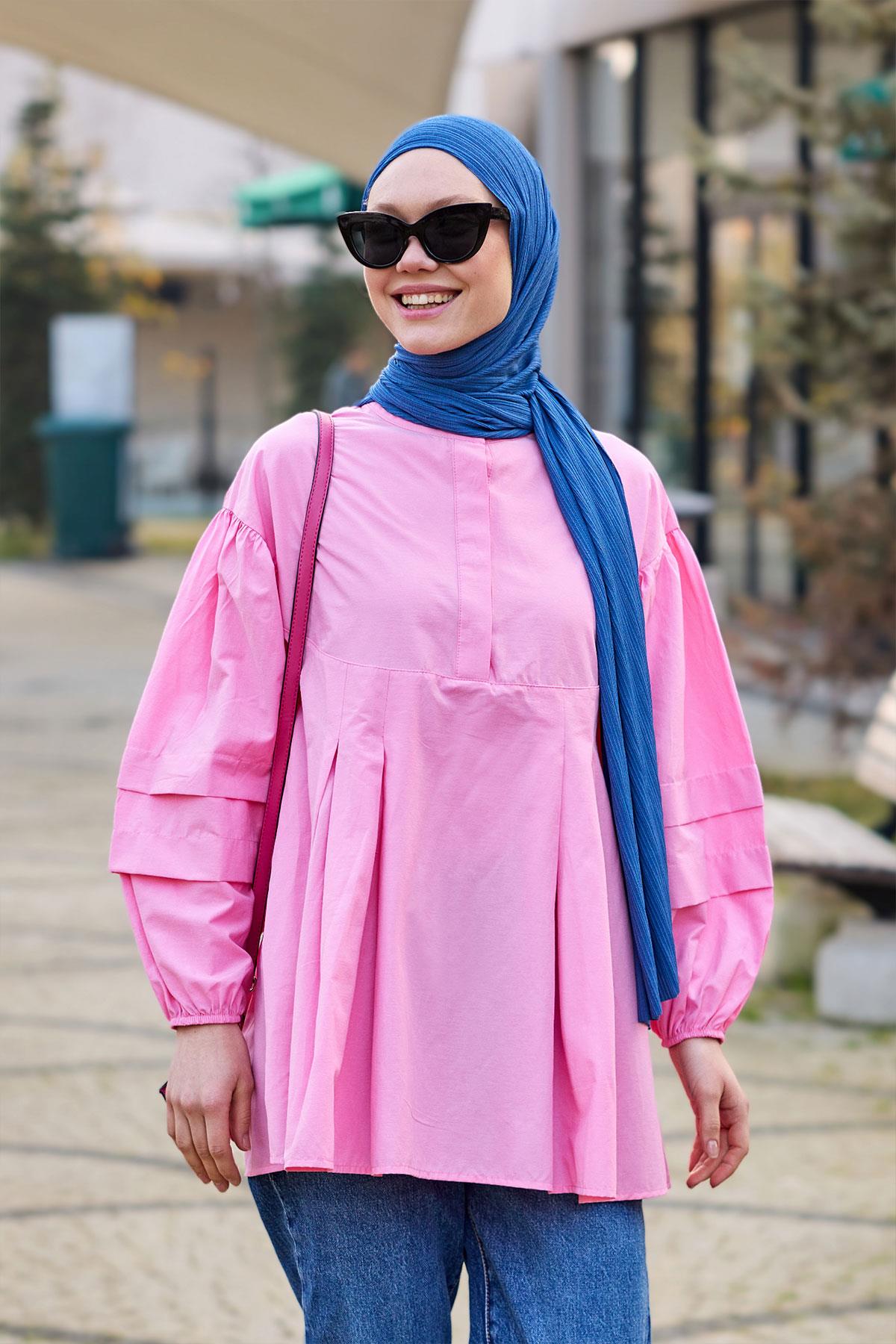 Balon Kol Pile Detaylı Tunik  Pembe